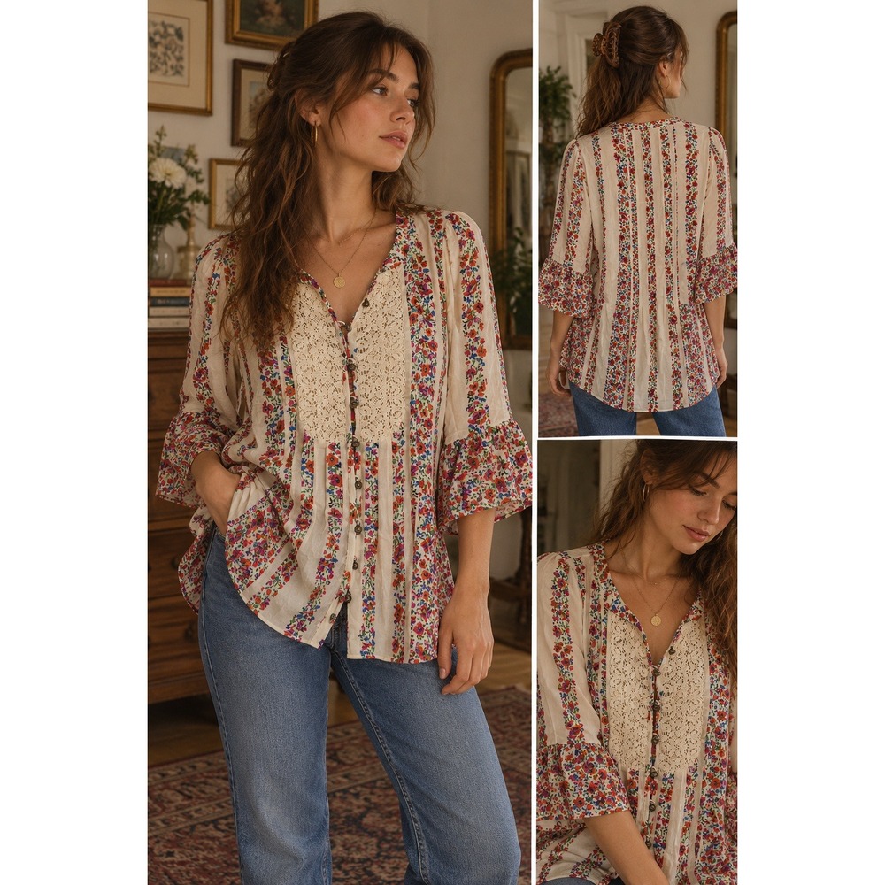 Maeve Anthropologie Floral Lace Blouse Sz 6 Boho Cottagecore Ruffle Sleeve